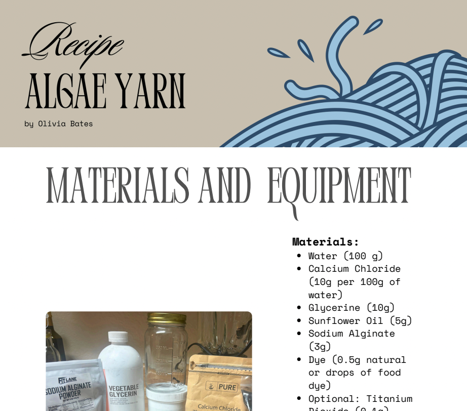 Recipe card for Algae Yarn with materials and equipment listed.
