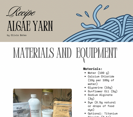Recipe card for Algae Yarn with materials and equipment listed.